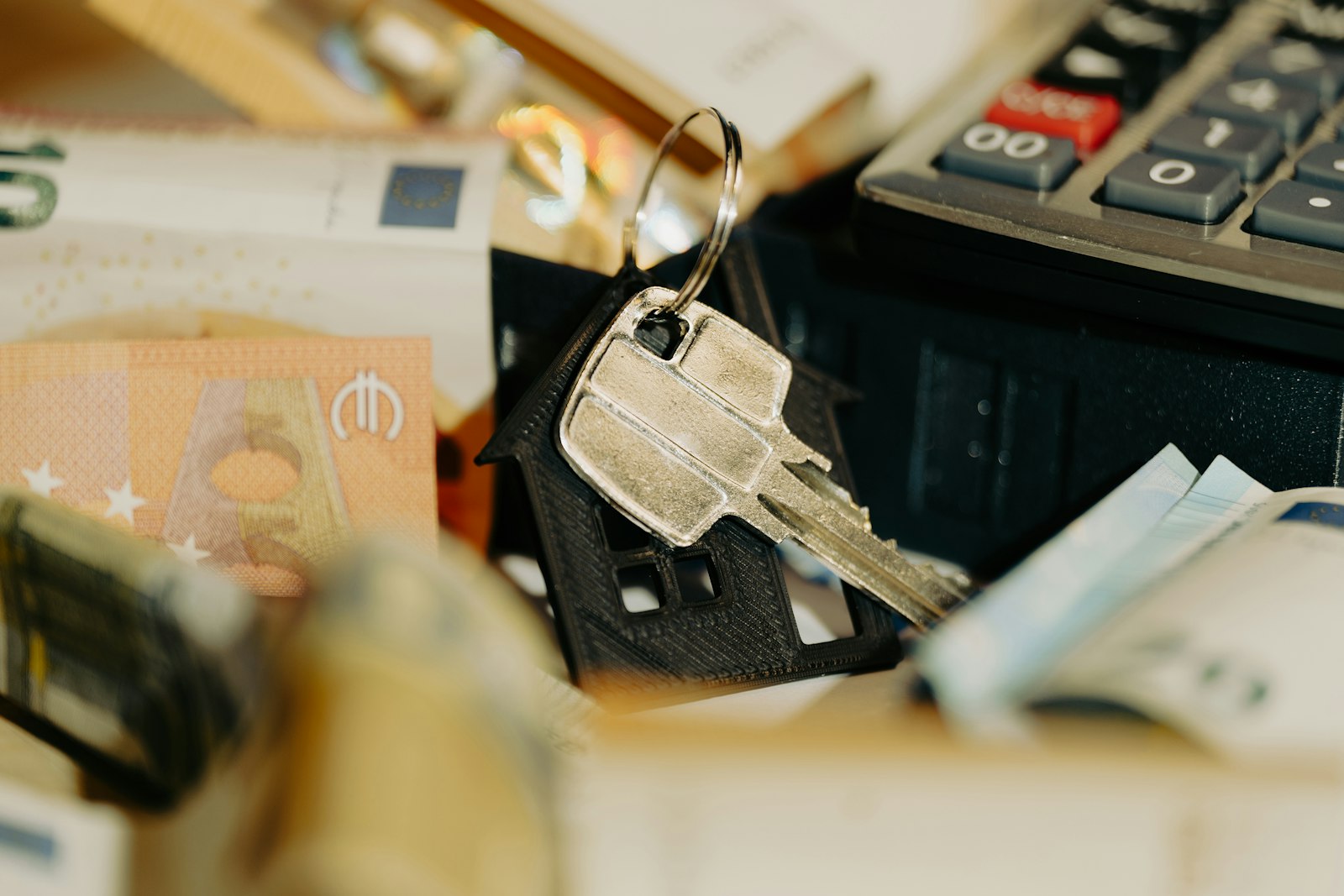 House keys, calculator, and cash on paperwork